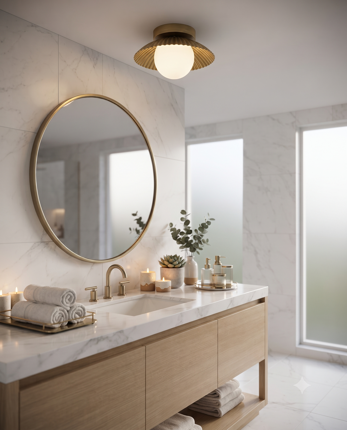 Brushed Brass Scalloped Flush Mount Ceiling Light with Glass Globe | WINTTEN