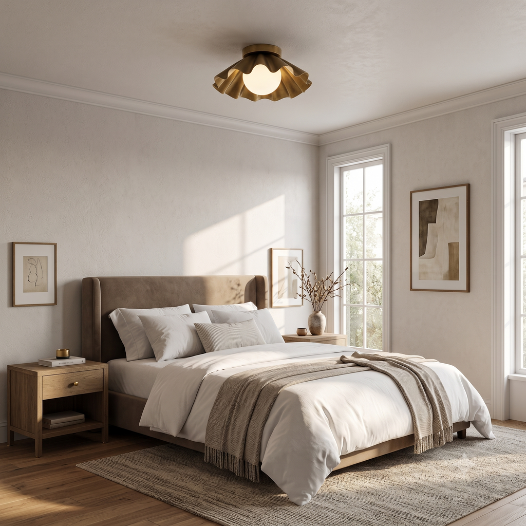 Modern Scalloped Flush Mount Ceiling Light – Antique Brass Finish with Frosted Glass Globe | Mid-Century Modern Ceiling Fixture for Bedroom, Hallway & Kitchen