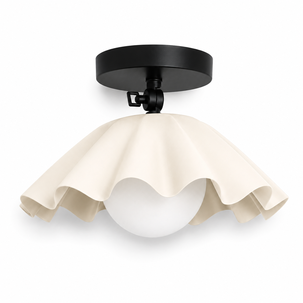 Modern Semi Flush Mount Ceiling Light – Cream Scalloped Shade with Matte Black Canopy | Mid-Century Modern Ceiling Fixture
