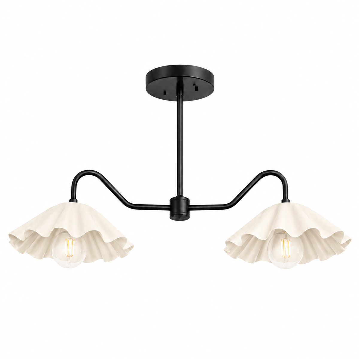 Brass scalloped chandelier with two fluted shades