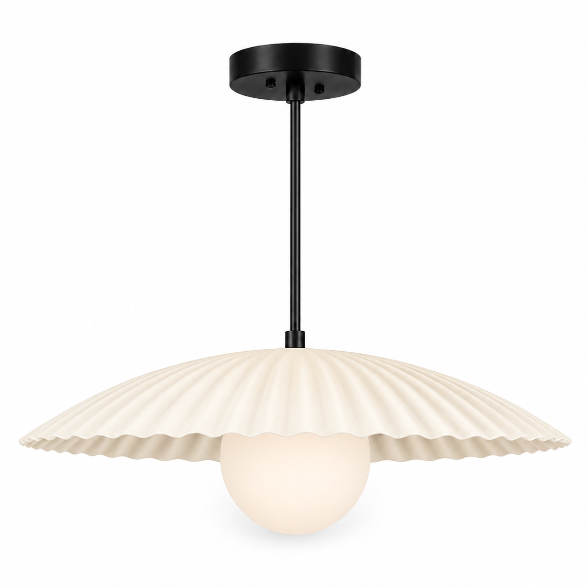 Scalloped Brass Pendant Chandelier with Glass Globe – Mid Century Modern Ceiling Light