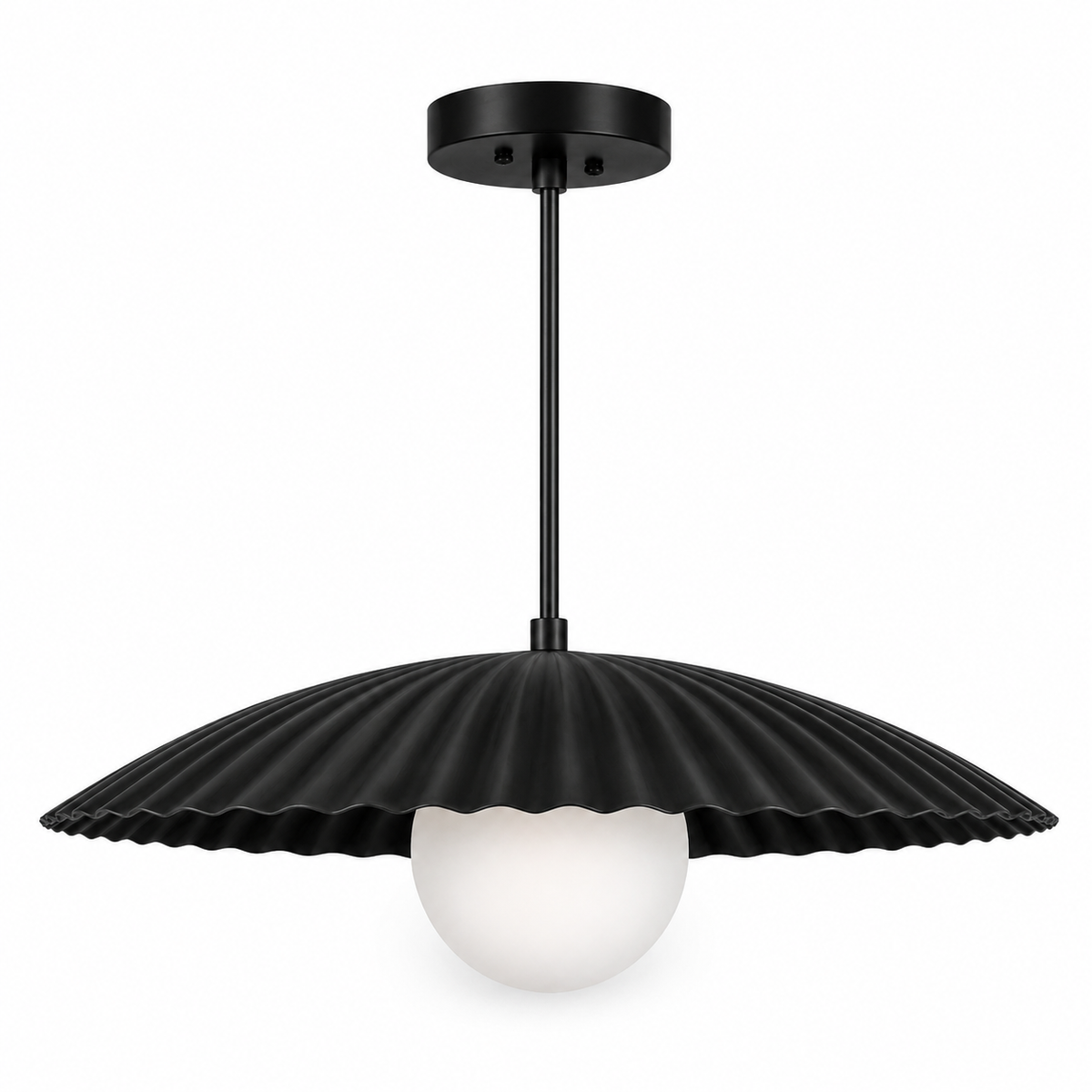 Scalloped Brass Pendant Chandelier with Glass Globe – Mid Century Modern Ceiling Light