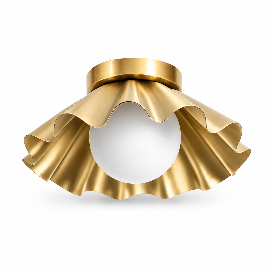 Modern Scalloped Flush Mount Ceiling Light – Antique Brass Finish with Frosted Glass Globe | Mid-Century Modern Ceiling Fixture for Bedroom, Hallway & Kitchen