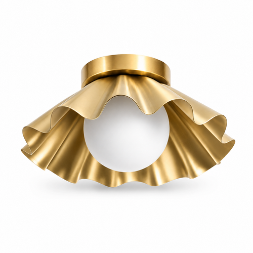 Modern Scalloped Flush Mount Ceiling Light – Antique Brass Finish with Frosted Glass Globe | Mid-Century Modern Ceiling Fixture for Bedroom, Hallway & Kitchen