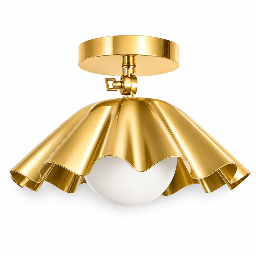 Scalloped Brass Semi Flush Mount Ceiling Light – Mid Century Ruffled Ceiling Fixture