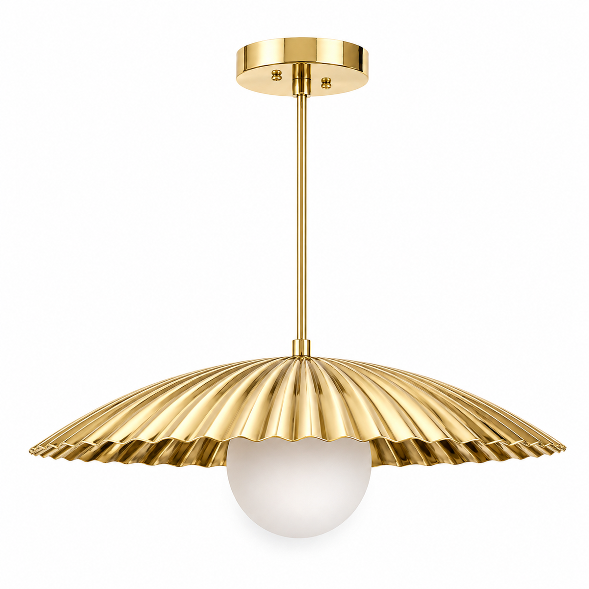 Scalloped Brass Pendant Chandelier with Glass Globe – Mid Century Modern Ceiling Light