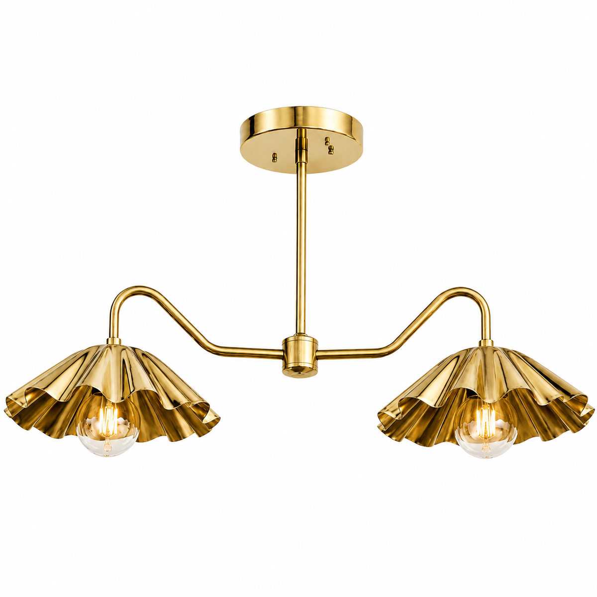 Brass Scalloped Double-Arm Chandelier – Mid-Century Modern Ceiling Light