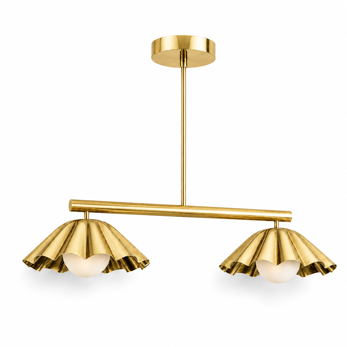 Scalloped Brass Linear Chandelier – Mid Century Modern 2-Light Pendant Fixture